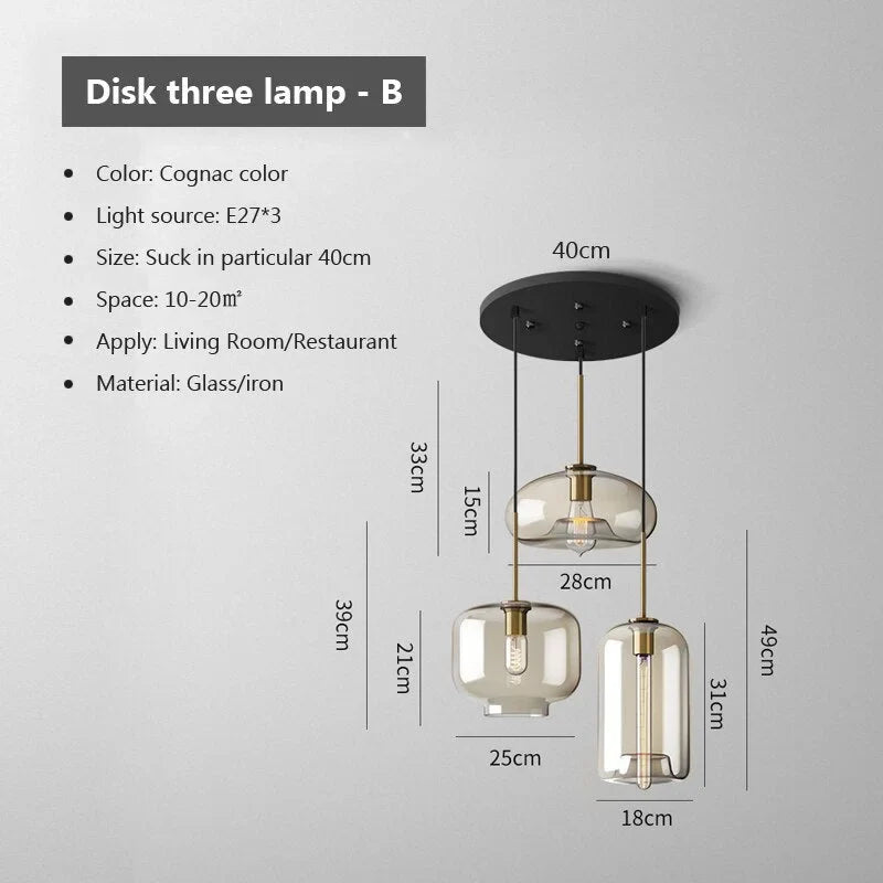 3-LIGHTS ROUND MODERN COGNAC GLASS PENDANT LAMP | DESIGN LO98620