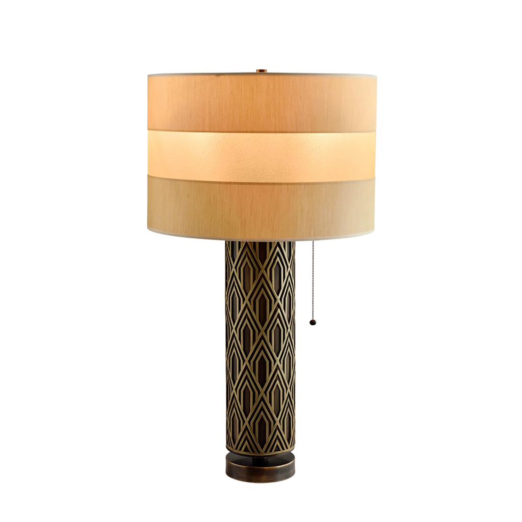ART DECO TABLE LAMP WITH GEOMETRIC STAINLESS STEEL BASE