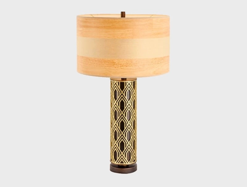 ART DECO TABLE LAMP WITH GEOMETRIC STAINLESS STEEL BASE