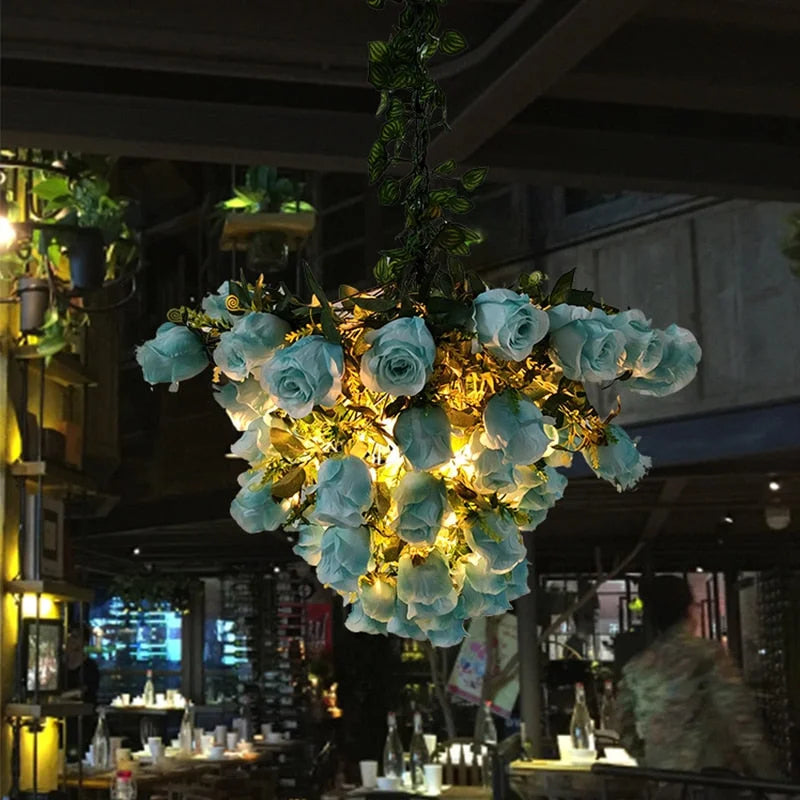 BLUE ROSES ON GREEN VINES PENDANT LAMP