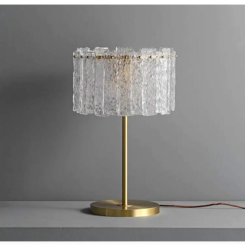 GOLD TABLE LAMP WITH TEXTURED GLASS SHADE