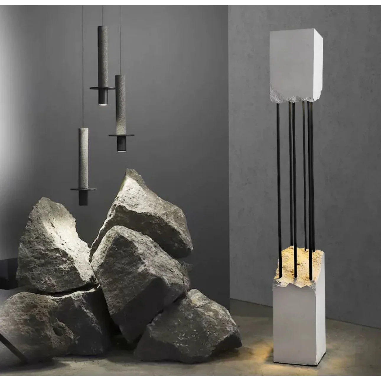 MINIMALIST STONE & STAINLESS STEEL FLOOR LAMP | COLONNA DI PIETRA