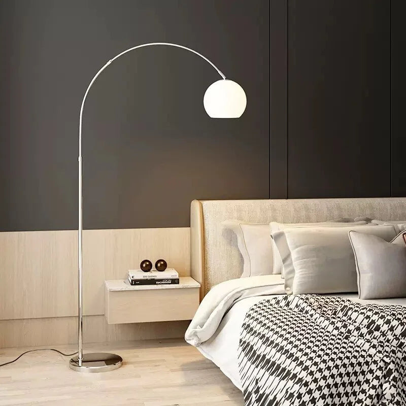 MODERN CHROME ARC FLOOR LAMP WITH GLASS LAMPSHADE | DESIGN OPO8950