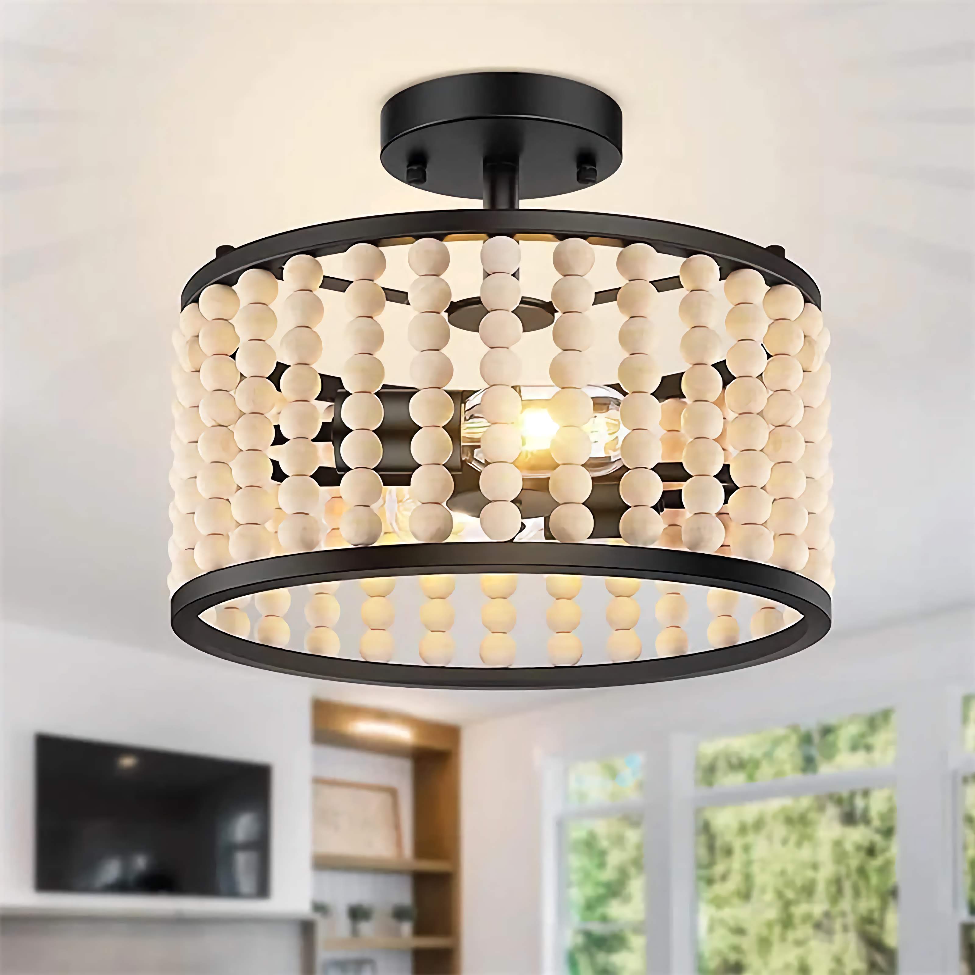 VINTAGE CHIC WOODEN BEAD CEILING LAMP