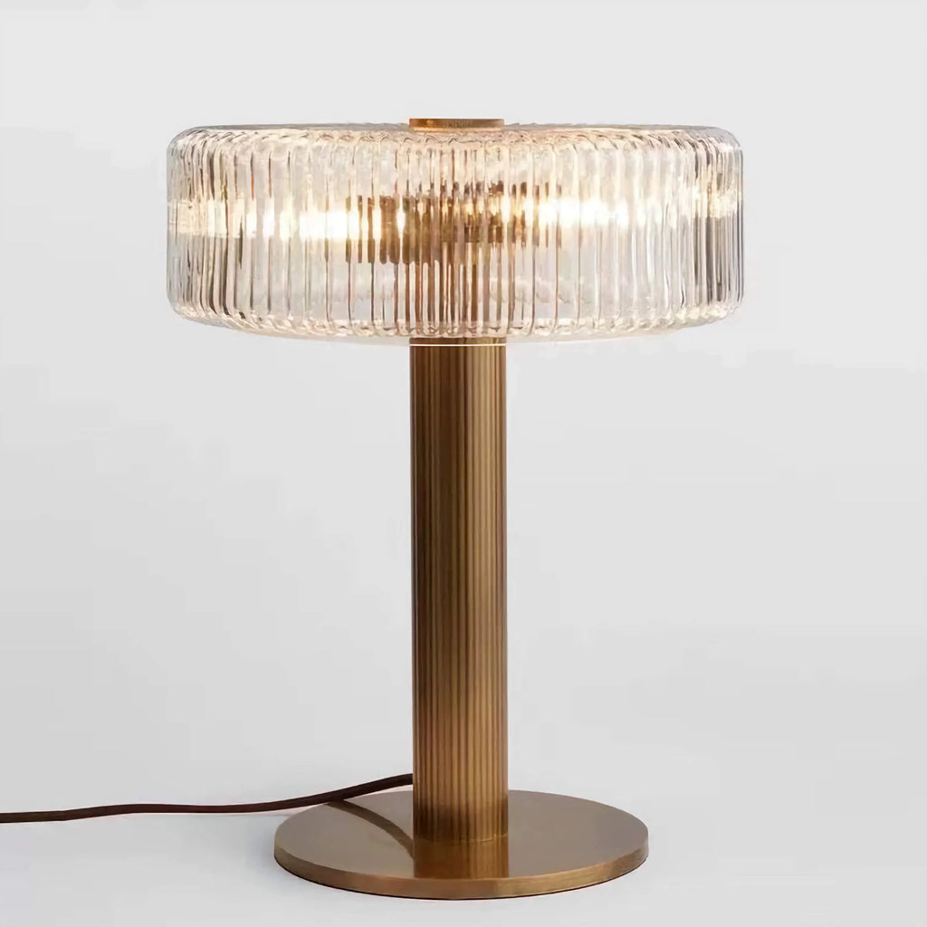 VINTAGE RIBBED GLASS AND BRASS TABLE LAMP