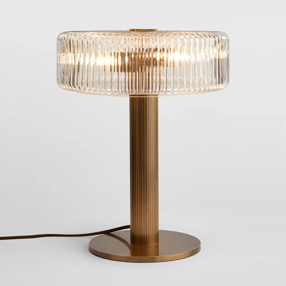 VINTAGE RIBBED GLASS AND BRASS TABLE LAMP