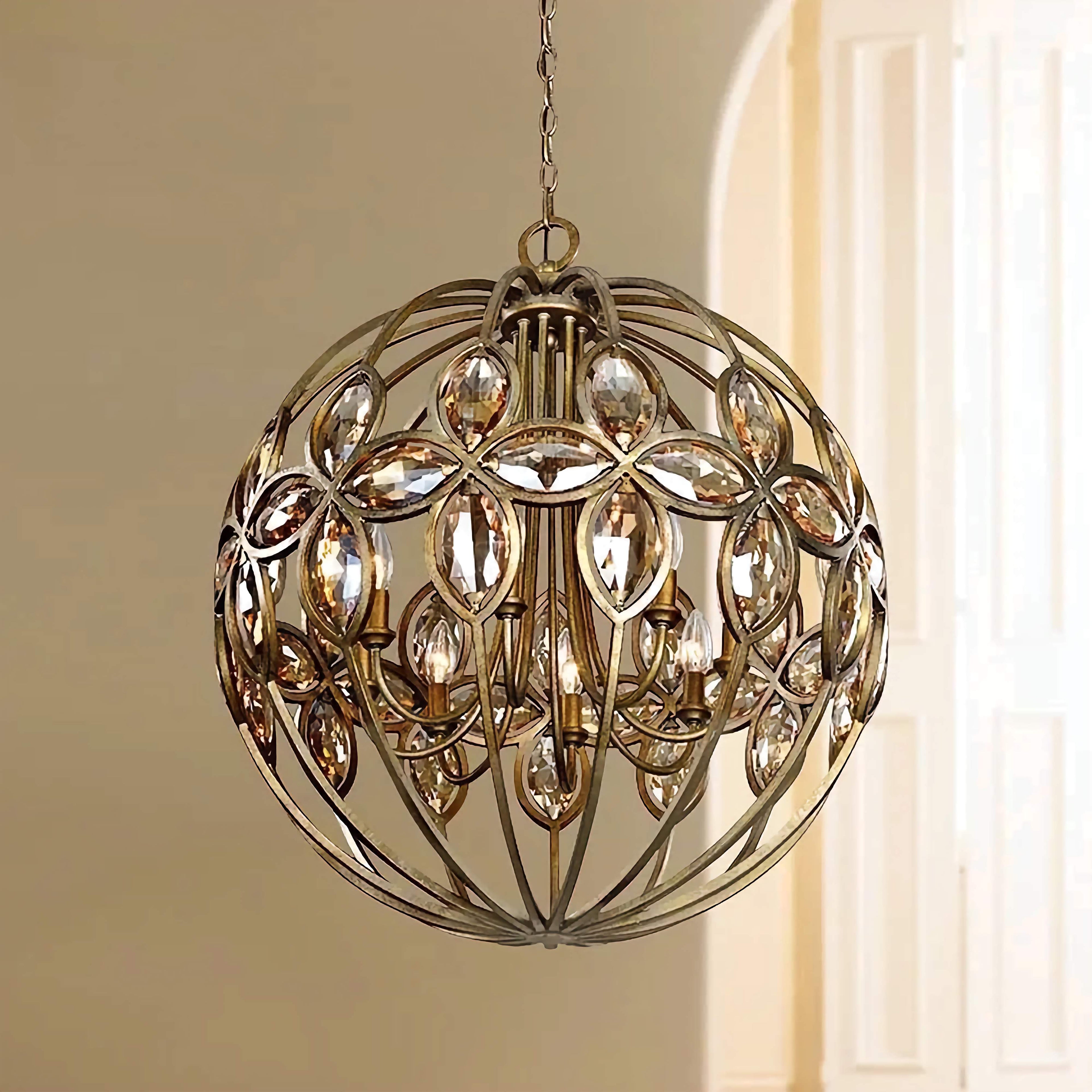 WROUGHT IRON CRYSTAL GLOBE CHANDELIER