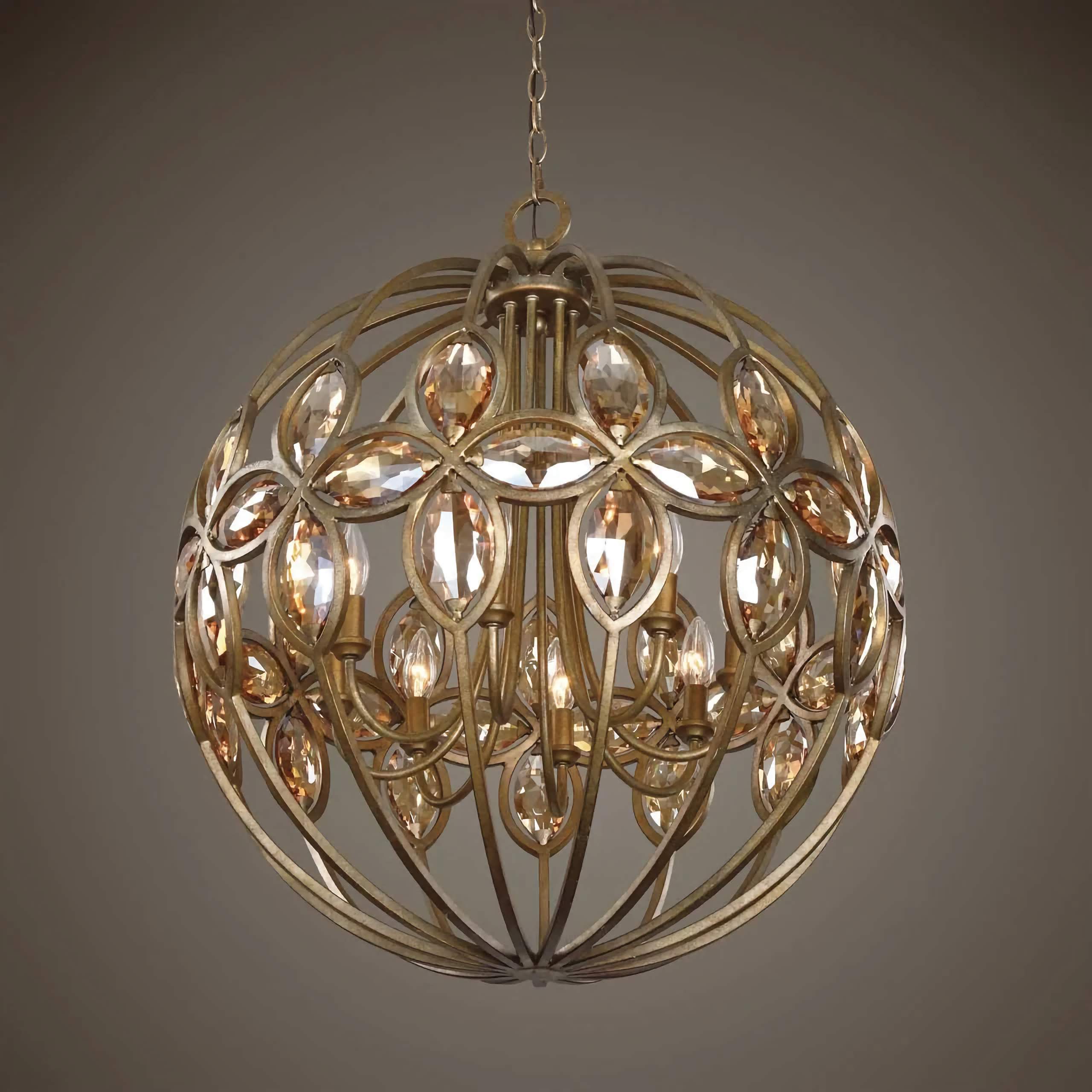 WROUGHT IRON CRYSTAL GLOBE CHANDELIER