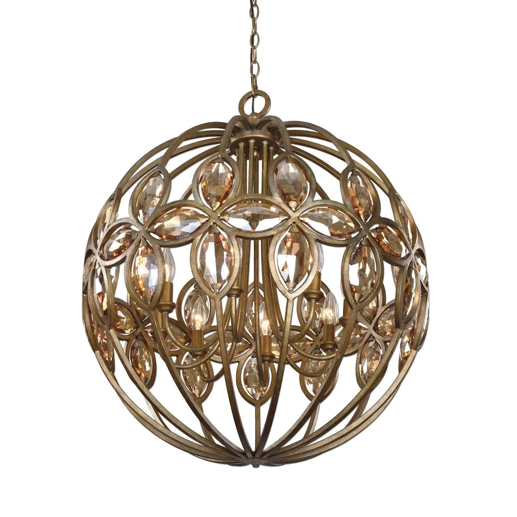 WROUGHT IRON CRYSTAL GLOBE CHANDELIER